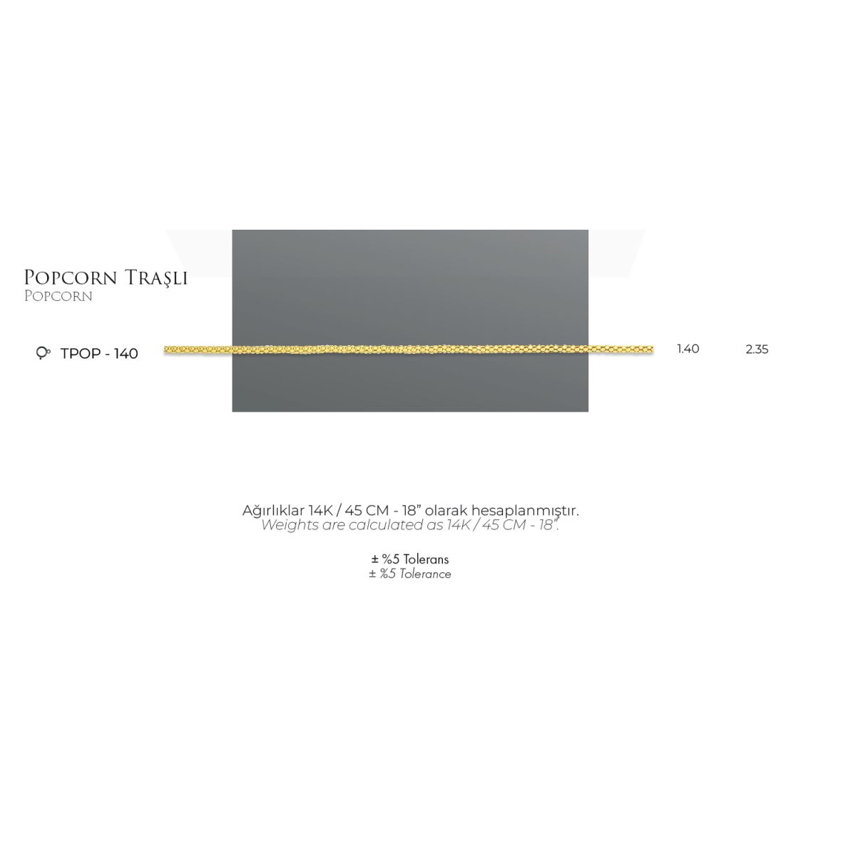 Popcorn Traşlı - 14 Ayar Gerçek Altın Zincir Kolye - Kalınlık 1.40 mm (585 Damgalı)